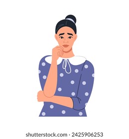 A thoughtful businesswoman rests her chin on her hand. The concept of choice. Finding the right solution. Vector graphic illustration in a flat style