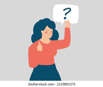 Thoughtful businesswoman thinks about something and holds a sign with a question mark. Confused entrepreneur girl doubts and has a question about something. Women's empowerment, asking concept. 