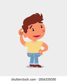 Thoughtful cartoon character of  little boy on jeans scratching his head