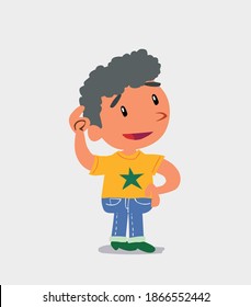 Thoughtful cartoon character of  little boy on jeans scratching his head