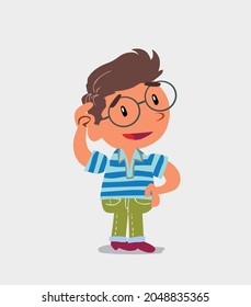 Thoughtful cartoon character of  little boy on jeans scratching his head