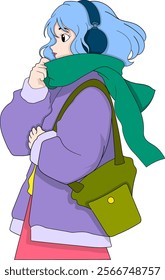 A thoughtful cartoon illustration of a girl wearing a cozy scarf, purple coat, and headphones, carrying a green bag while gazing wistfully into the distance