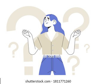 Thoughtful character with question marks solving problems or searching solutions. Problem solving and choice. Woman  puzzled and do not know right answer. Frequently asked questions concept.