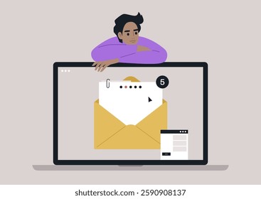 A thoughtful character relaxes against a laptop, gazing at the screen that shows a notification of new emails waiting for attention, blending modern technology and contemplation