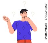 Thoughtful characters with question marks solving problems or searching solutions. Problem solving and choice. Smart man thinking or puzzled. Frequently asked questions concept.