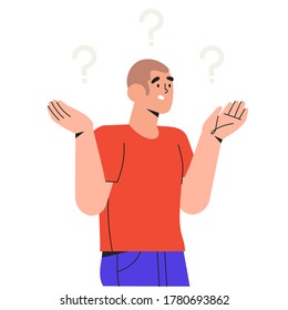 Thoughtful characters with question marks solving problems or searching solutions. Problem solving and choice. Smart man thinking or puzzled. Frequently asked questions concept.