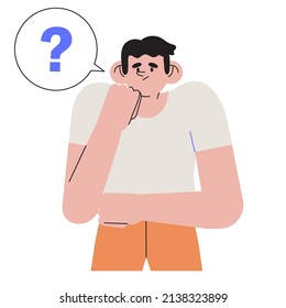 Thoughtful characters with question marks solving problems or searching solutions. Problem solving and choice. Smart man thinking or puzzled. Frequently asked questions concept.