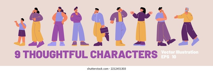 Thoughtful characters set. Diverse people think. Curious, confused, doubt and puzzled men and women, boy and elderly person isolated on background, vector flat illustration