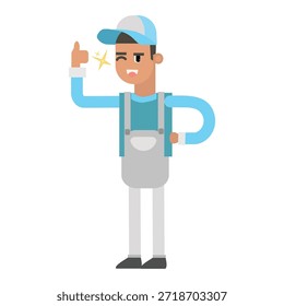Thoughtful cleaner thinking with finger on chin vector illustration