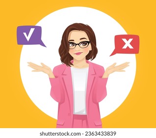 Thoughtful confused casual business woman gesture with hands making decision yes or no concept vector illustration yellow background