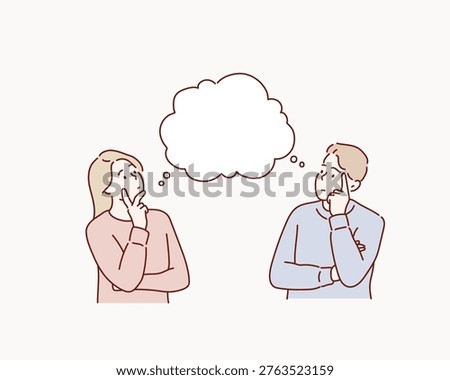 Thoughtful Couple Discussing Concerns and Thinking Together with Speech Bubbles Original vector illustration drawn by hand.