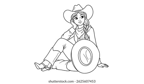 Thoughtful Cowgirl Sitting With Cowboy Hat In Lap Quiet Moment Western Character Study Coloring Page Outline Design
