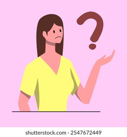 A thoughtful and creative flat design illustration of a woman deep in thought. Ideal for use in blogs, websites, presentations, social media posts, or educational materials.