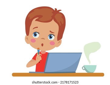thoughtful cute boy studying with computer