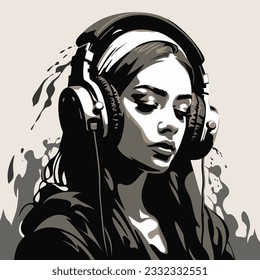 Thoughtful cute girl in headphones. Image in stencil graffiti style. Vector illustration