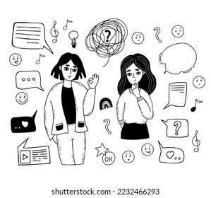 Hermosa linda chica y mujer con buen gesto, emociones, burbujas de texto, mensajes y pensamientos. Doodle lineal extraído a mano por vector aislado. Concepto de comunicación en línea, psicología y mujer moderna