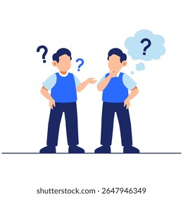 Uma discussão ponderada entre dois meninos, um parecendo curioso e o outro expressivo, simbolizando o pensamento ativo e a curiosidade juvenil em uma atmosfera casual.