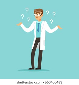 Thoughtful doctor character having many questions vector Illustration