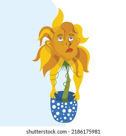 Thoughtful, dreaming Cartoon Sunflower in pot