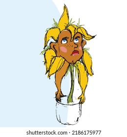 Thoughtful, dreaming, untidy Cartoon Sunflower in pot