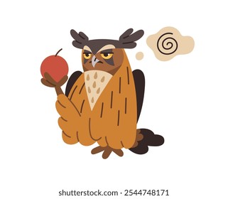 Reflexivo búho águila con expresión de cara indiferente pensando. Divertido pájaro sabio confundido sostiene la manzana. El animal académico está desconcertado con los pensamientos. Ilustración vectorial aislada plana sobre fondo blanco