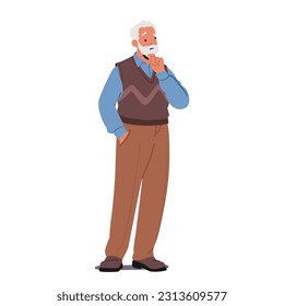 Thoughtful Elderly Gentleman Thinking, Old Male Character Deep In Contemplation, With A Hint Of Nostalgia And Experience Etched On His Face, Pensive Grandfather. Cartoon People Vector Illustration