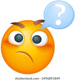 Thoughtful emoji with confused thoughts. Emoticon thinking with question on white background. Cute emoticon