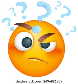 Thoughtful emoji with confused thoughts. Emoticon thinking with question on white background. Cute emoticon