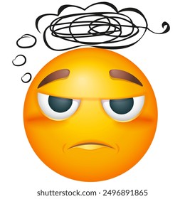Thoughtful emoji with confused thoughts. Emoticon thinking on white background. Cute emoticon