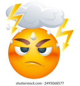 Thoughtful emoji with rainy cloud. Disappointed emoticon thinking on white background. Cute emoticon