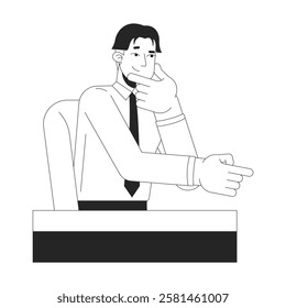 Thoughtful employee giving ideas at desk black and white 2D line character. Korean man office worker finger pointing. Mentor recommend isolated vector outline person. Monochromatic spot illustration