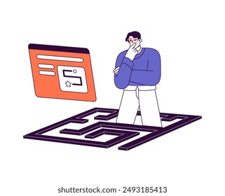 Thoughtful employee searches way to success concept. Analyst thinking about solution of problem, takes decision of route from maze, labyrinth. Flat isolated outline vector illustration on white