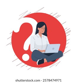 Thoughtful Female with Laptop and Question Mark – Concept of Decision Making, Doubt, and Problem Solving Vector