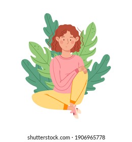 Thoughtful Female Sitting on the Ground with Floral Leaves Behind Vector Illustration
