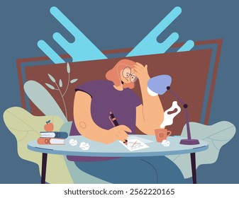 Thoughtful female writer going through creative crisis and doubts while writing new article or novel. Flat vector illustration for young author, journalist job, creativity problems concept