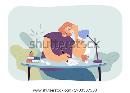 Thoughtful female writer going through creative crisis and doubts while writing new article or novel. Flat vector illustration for young author, journalist job, creativity problems concept