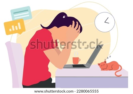  Thoughtful female writer going through creative crisis and doubts while writing new article or novel. cartoon illustration