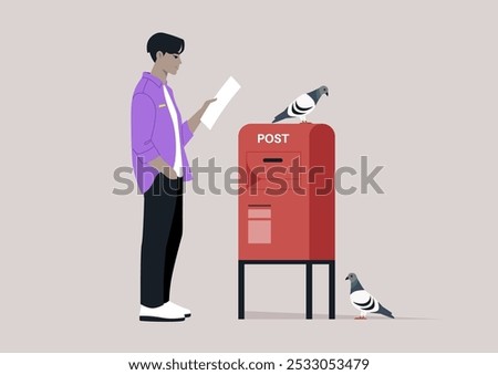 A thoughtful figure stands next to a vibrant post box, engrossed in reading a letter, while two pigeons curiously observe the moment, creating a serene urban atmosphere