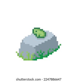 Thoughtful frog sitting on a stone, pixel art meme