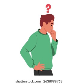 Thoughtful frustrated guy cartoon character making choice deciding and planning isolated side view portrait on white. Contemplative man scratching chin in deep concentration vector illustration