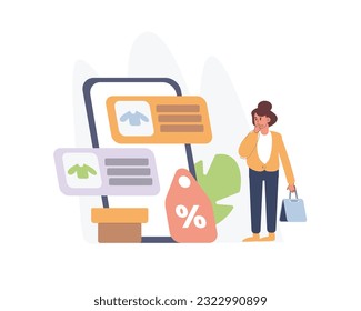 Thoughtful girl choosing clothes on discounts from app on cell phone. Making purchase of goods via internet at big sales and discounts. Shopaholic people and e commerce business. Vector