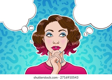 Chica reflexiva con nubes de pensamiento cómico. Hacer una Ilustración vectorial de concepto de elección. Mujer que toma decisiones