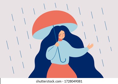 A thoughtful girl experiences anxiety and concern before stepping out of her comfort zone. Concept of a difficult choice, decision making. Psychology vector illustration