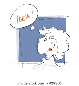 thoughtful girl icon - got an idea, freehand drawing, vector cartoon