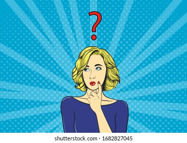 Thoughtful Girl And Question Mark. Woman In Comic Style. Vintage Vector Illustration