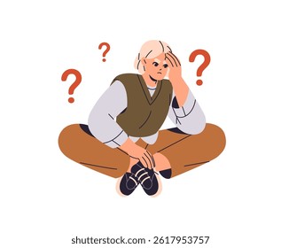 Thoughtful girl with question marks thinking. Pensive teenager doubts, solves problem, looks for answers. Puzzled person with thoughts makes decision, asks. Flat isolated vector illustration on white