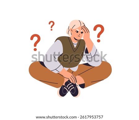 Thoughtful girl with question marks thinking. Pensive teenager doubts, solves problem, looks for answers. Puzzled person with thoughts makes decision, asks. Flat isolated vector illustration on white