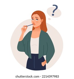 A thoughtful girl with a question. Puzzled business woman doubting, deciding, setting priorities. Flat vector illustration isolated on white background
