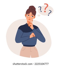 A thoughtful girl with a question. Puzzled woman doubting, deciding, setting priorities. Flat vector illustration isolated on white background
