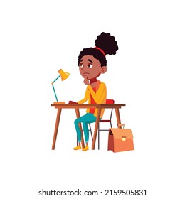 Thoughtful Girl Sitting At Desk Thinking About Math Problem Cartoon Vector. Thoughtful Girl Sitting At Desk Thinking About Math Problem Character. Isolated Flat Cartoon Illustration